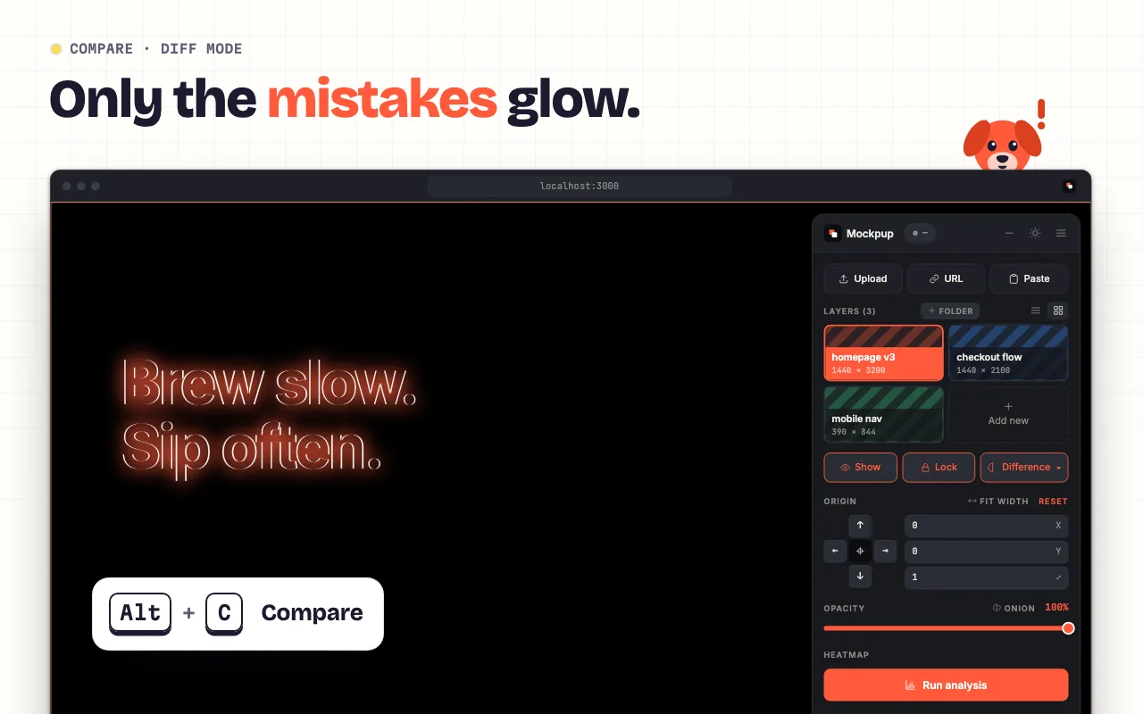 Diff mode: the whole page is black except the headline Brew slow. Sip often, whose letters glow orange because the build's heading is off. A keyboard hint reads Alt + C Compare.