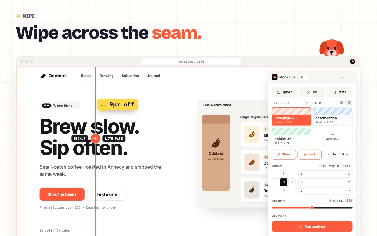 Wipe mode: a vertical orange line splits the headline, with the mockup on the left and the live page on the right. A yellow tag reads 9px off.